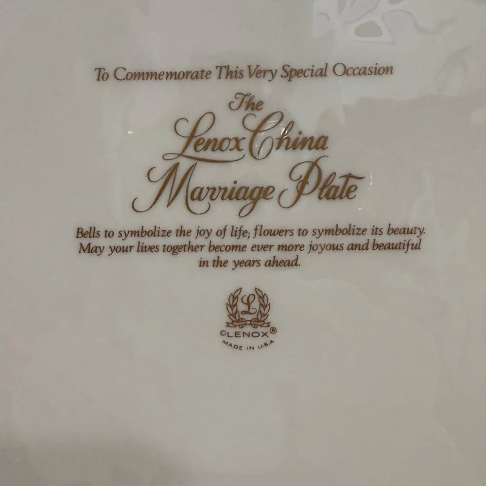 Lenox Wedding Promises Collection Marriage Plate Embossed Floral Bells Gold Trim